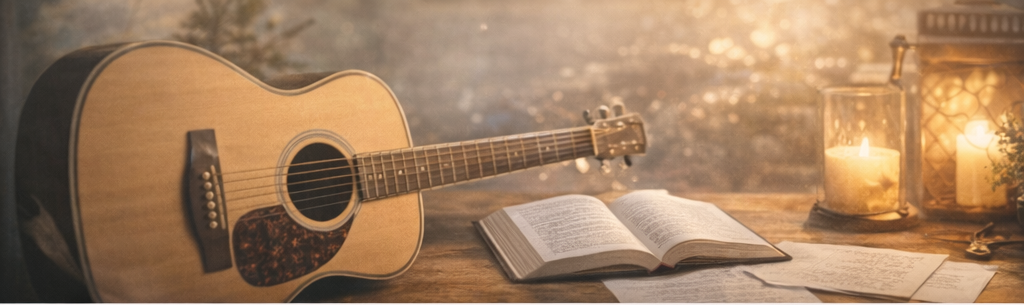 Acoustic guitar, open Bible, and warm candlelight