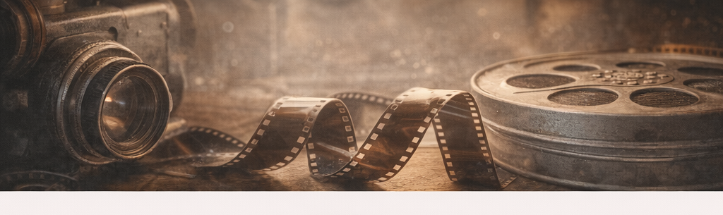 Vintage film camera, film strip, and reel